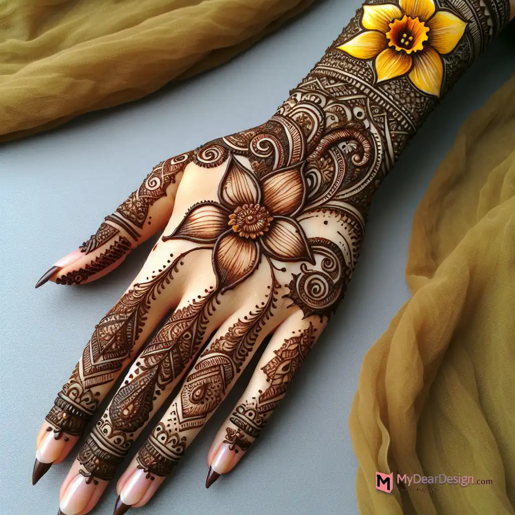 Daffodil and Paisley Fusion Mehndi Design