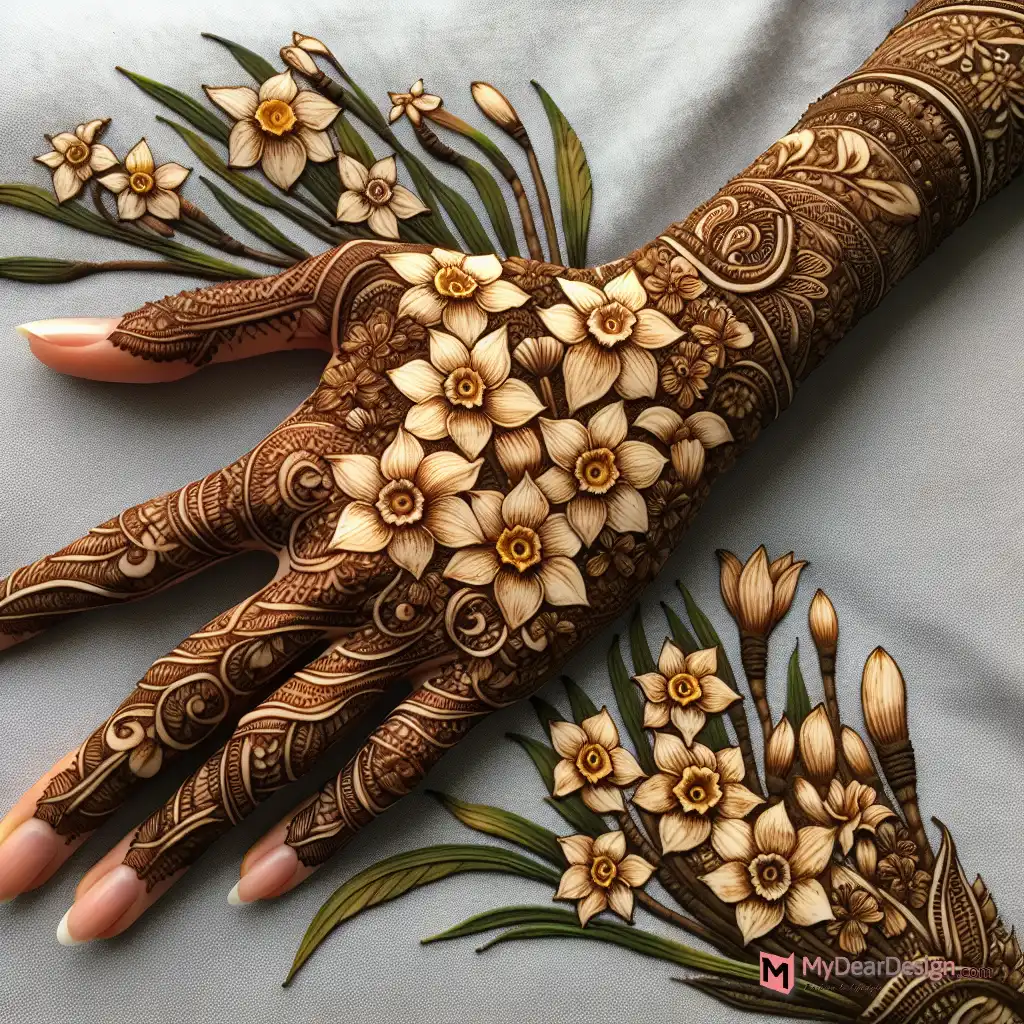 Full-Hand Daffodil Garden Mehndi Design