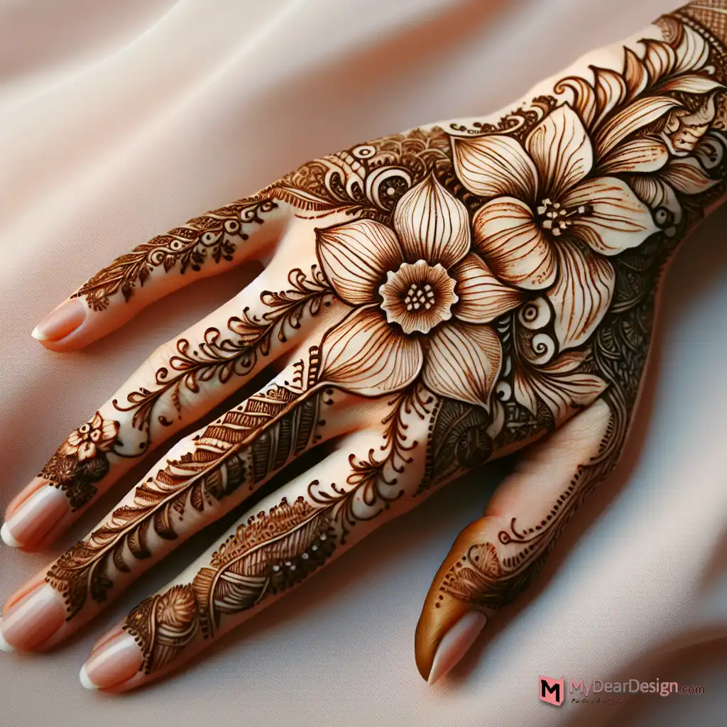 Easy Daffodil Flower with Leaves Mehndi Design