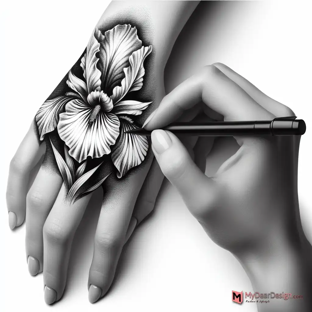 Iris Flower Tattoo, Black and White