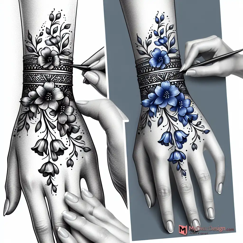 Bluebell Flower Mehndi Design for Wrist Cuffs