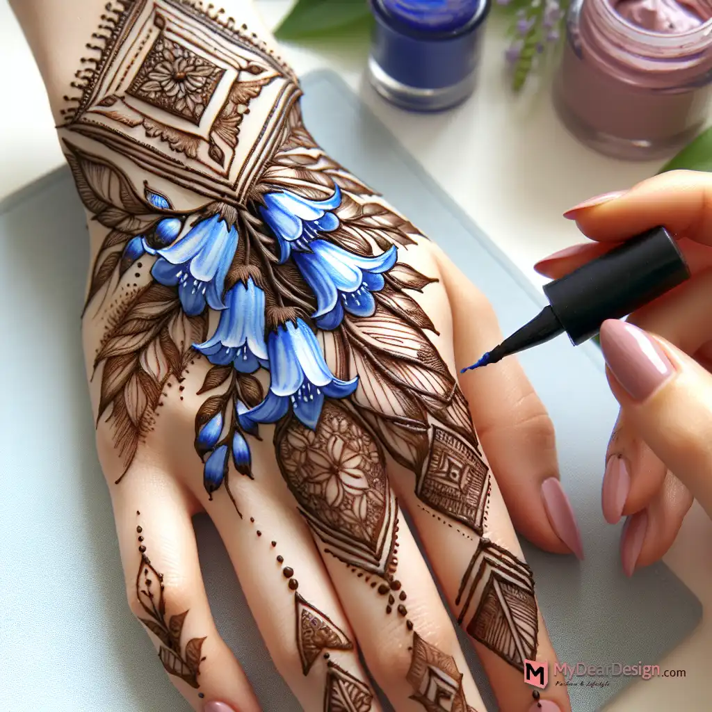 Bluebell Flower Mehndi Design with Geometric Elements