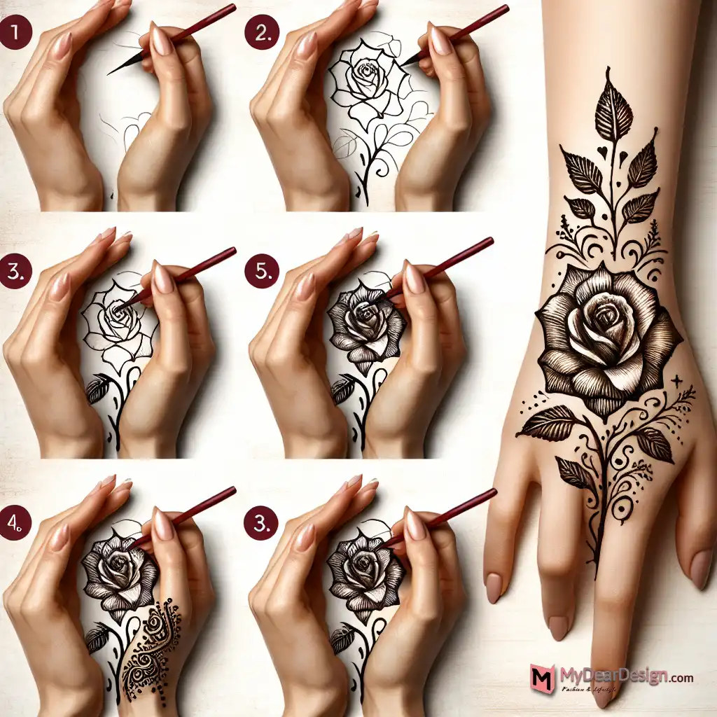 Rose Flower Mehndi Design Step-by-Step