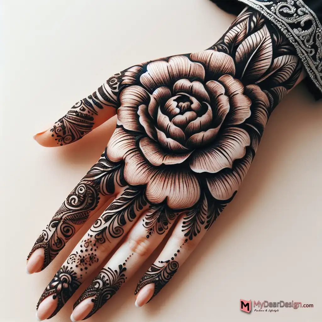 Full-Hand Camellia Flower Mehndi Design