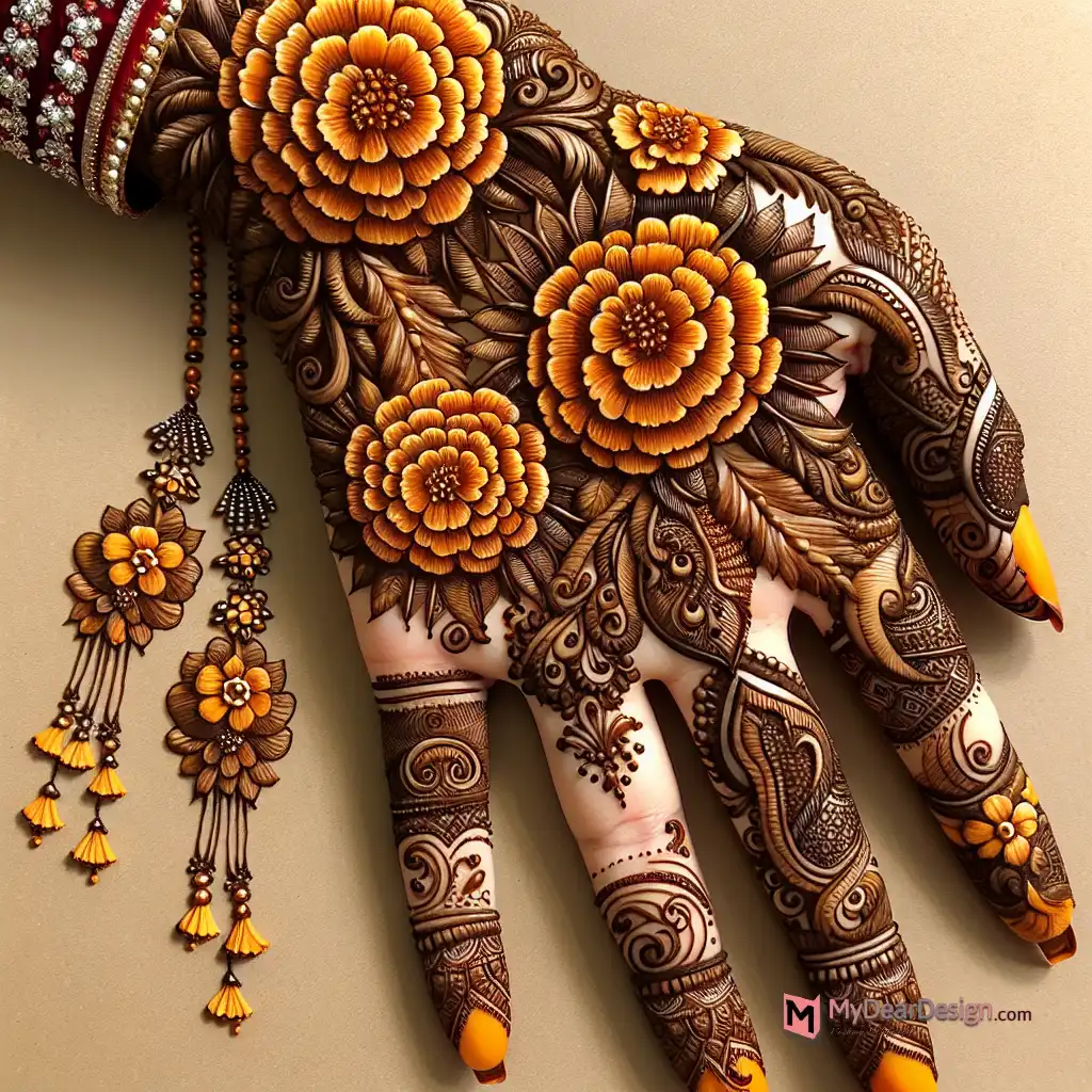 Bridal mehndi design full hand marigold.