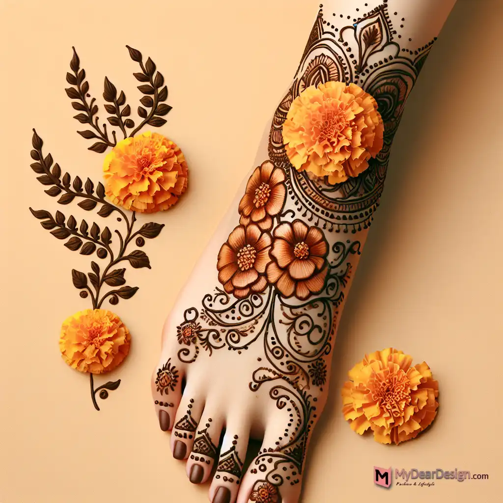 Marigold-inspired foot henna