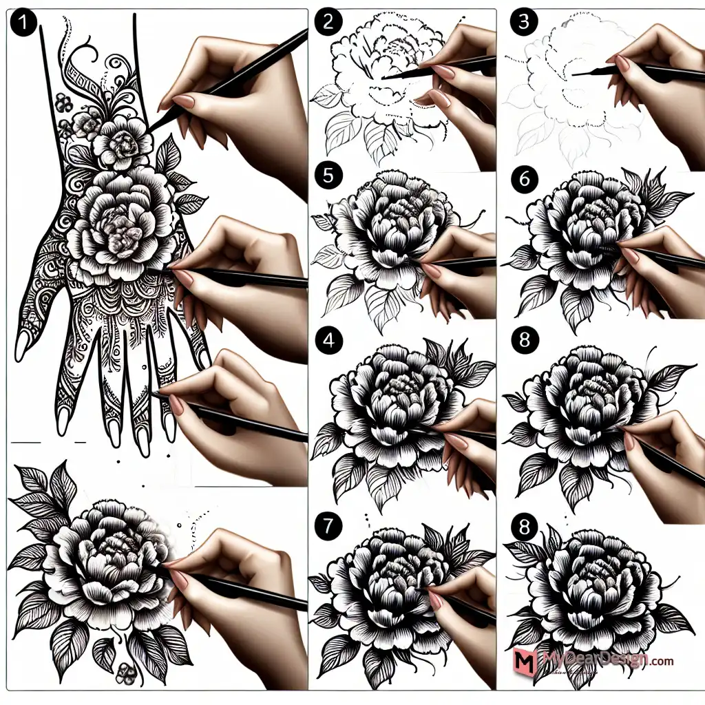 How to create 10 beautiful mehndi art peony flowers.