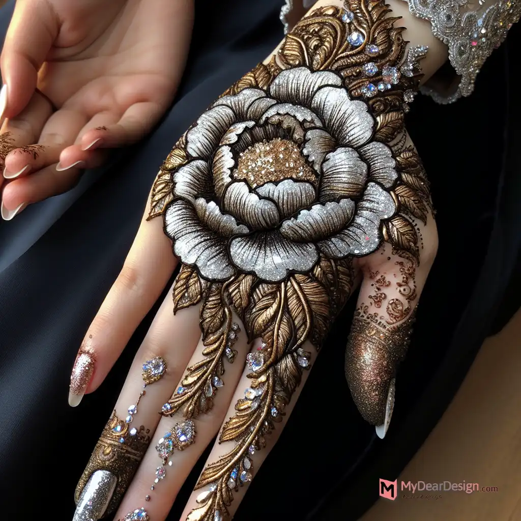 Glitter and metallic peony Mehndi Design