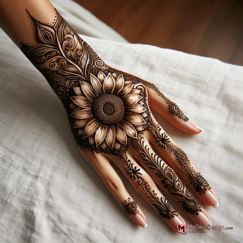 Back Hand Mehndi Patterns Sunflower Elegant