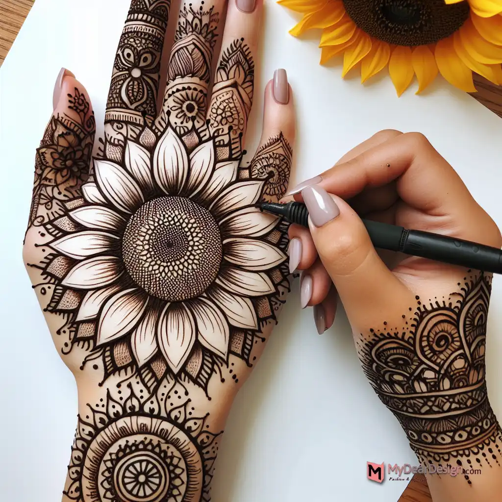 10 Beautiful Sunflower Flower Mehndi Designs at Home